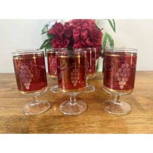 Vintage Ruby Grape Etched Pedestal Wine‎ Glasses Gold Trim Set MCM Barware